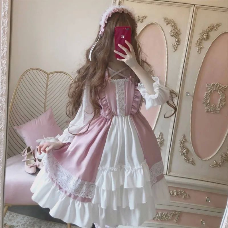 Alice In Wondeland Cute Women Lolita OP Dress Flouncing Lace