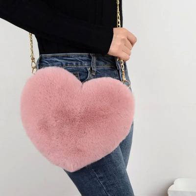 Fashion Women's Heart Shaped Handbags Cute Kawaii Faux Fur C