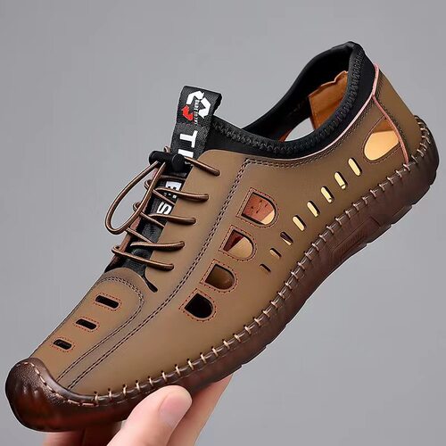 Hollow-out Leather Shoes Summer Men's Sandals Soft Leather B