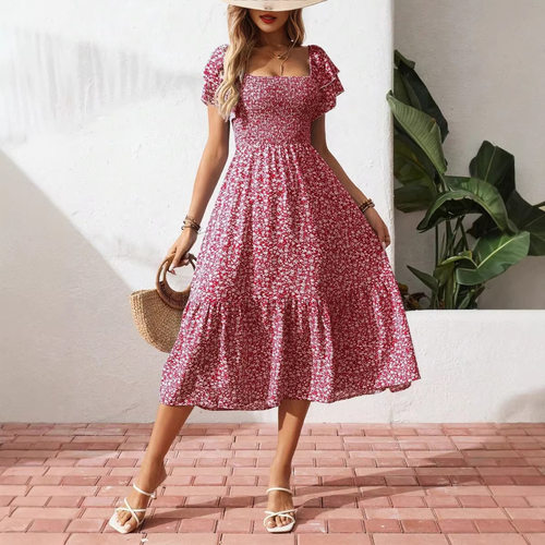 2026 Square Neck Puff Sleeve Floral Long Dress