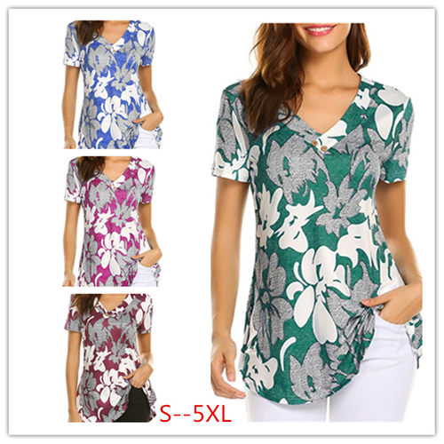 2026 Women's Casual T-shirt Fashionable V Flower Short Sleev