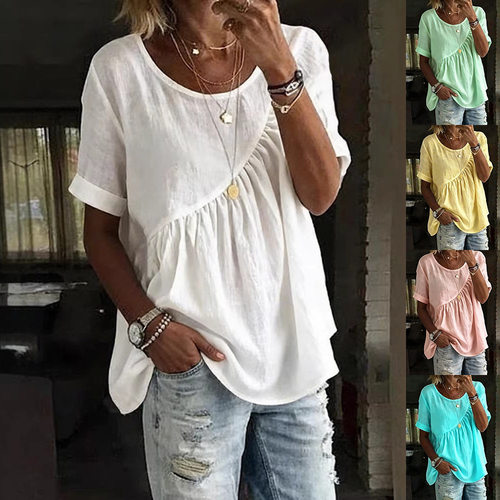 2026 Women's Solid lor Round Neck Short-sleeved Pleated Wome