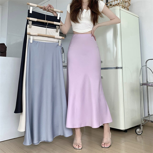 Slim Solid lor Hip Skirt Satin Tail Mid-length Women's Desig
