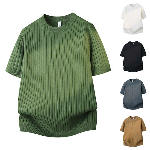 Knitted Shirt Short-sleeved T-shirt Men's Striped Slim-fit O