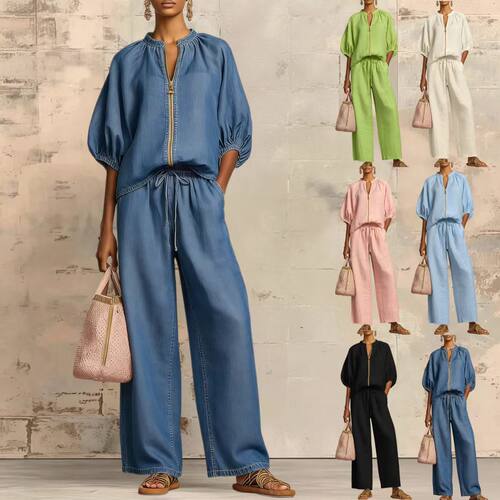 2026 Women's Casual Fashion Suit Loose Solid lor Zipper Roun