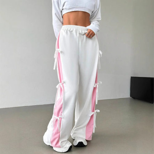 Women's Elastic Waist ntrast lor Straight Casual White With