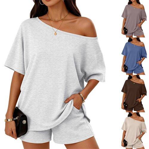 2026tk Women's 2 Pieces Fashion Casual Slant llar Shorts Set