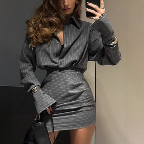 Striped Skirt Two-piece Casual Suit Female Nq6002