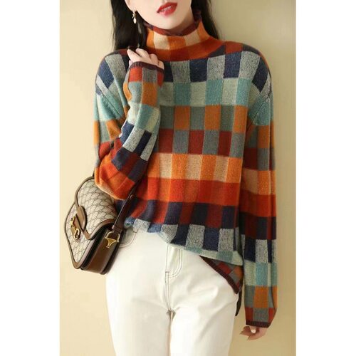 Gorgeous lorful Checkerboard Wool Sweater Autumn And Winter