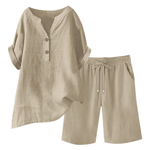 2026 Women’s Relaxed-fit tton-linen V-neck Short-sleeve Top