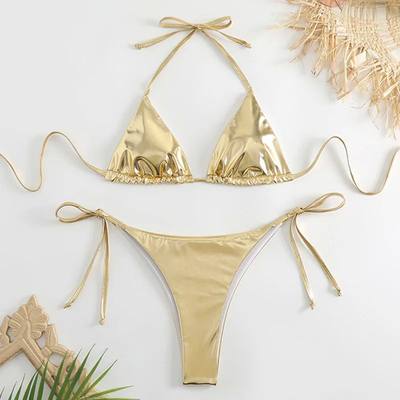 Echoine Metallic Lace Up Bandage Bikini Set Two Piece Set Su