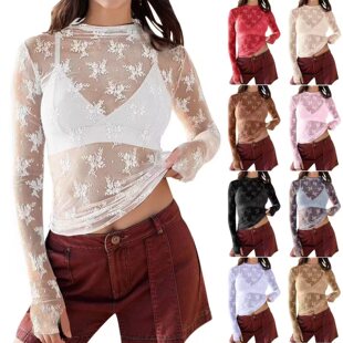 2026 Perspective Lace Mesh Multicolor Sexy Spice rendy T-shi