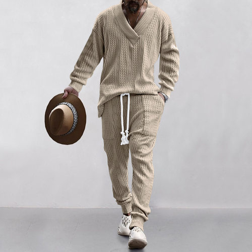 2026 New Men's Casual Trousers V-neck All-match Jacquard Swe