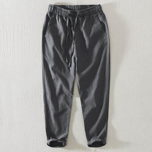 L8226 tton-linen Cropped Pants With Drawstring Elastic Waist