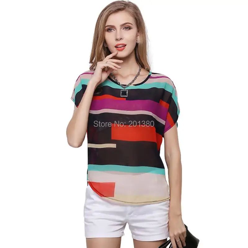 Colorful Stripe Women Chiffon Blouses Batwing Sleeve Tops Pl 女装/女士精品 T恤 原图主图