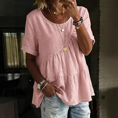 Ladies Casual And mforle Round Neck Solid lor tton And Linen