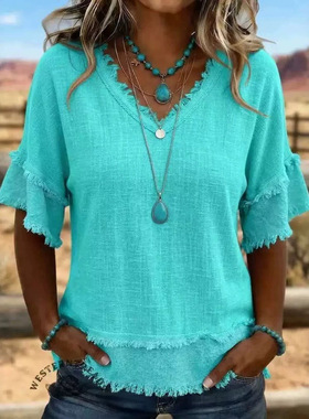 2026 Style Loose V-neck Frilled Short-sleeved T Solid lor Ca