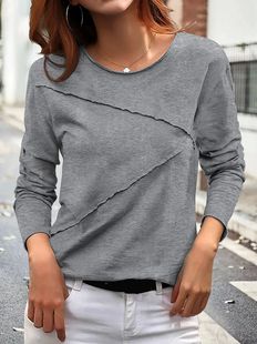 Neck Color Sleeve Solid Shirts Basic Women’s Long Round