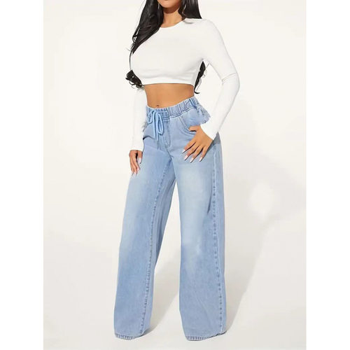 2026 Women's Denim High Waist Slim Drawstring Loose Wide Leg