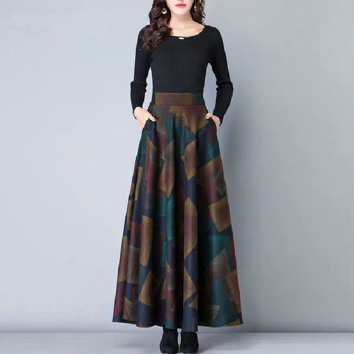 Wool Plaid A-line Skirt With Long Skirt, Mid-length Skirt Fo图片