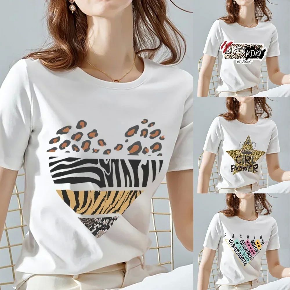 T- Shirt Women Summer New Short Sleeve Leopard Print Clothin