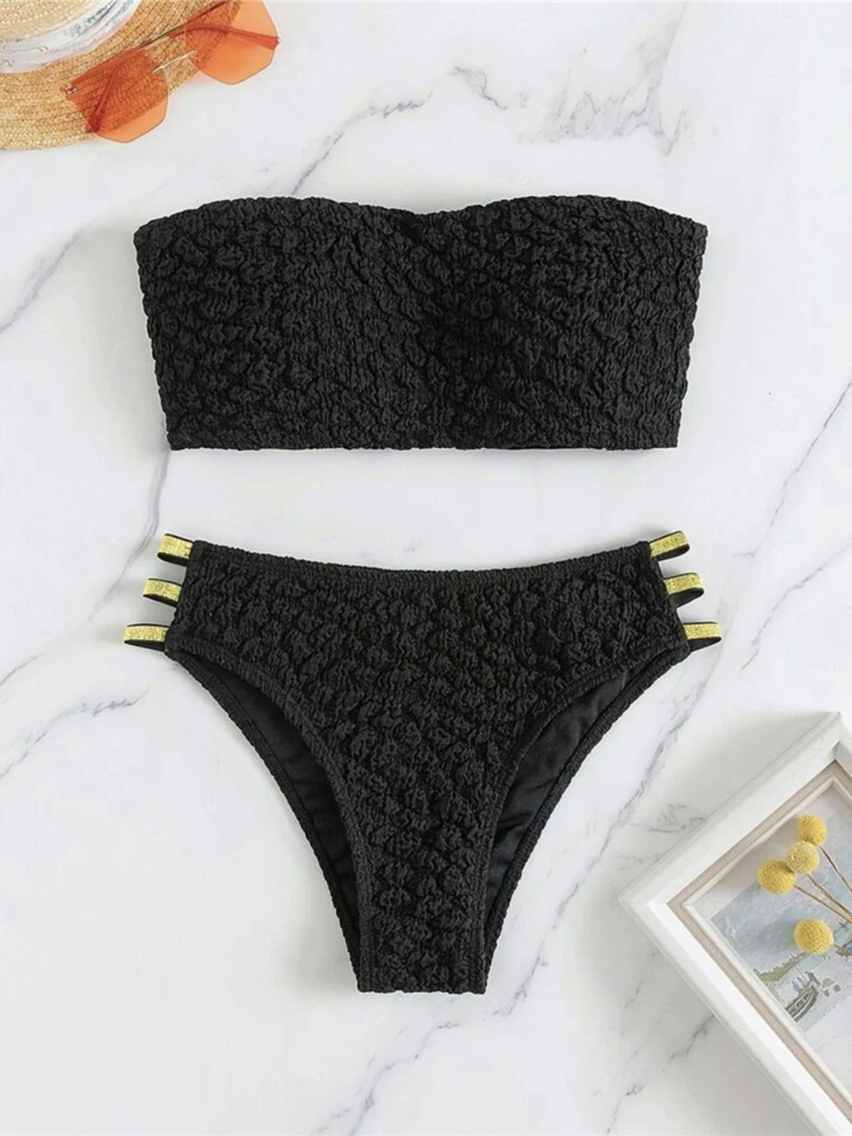 Sexy Bandeau Wrinkled Strappy Bikini Female Swimsuit Women S-封面