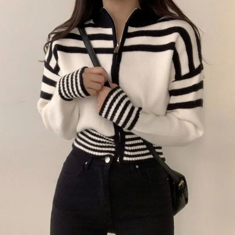 Chic Color Block Cardigan Zipper Women’s Autumn Spring Vint