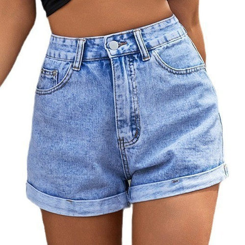 Denim Shorts All-match High Waist Solid lor Curled Denim Sho