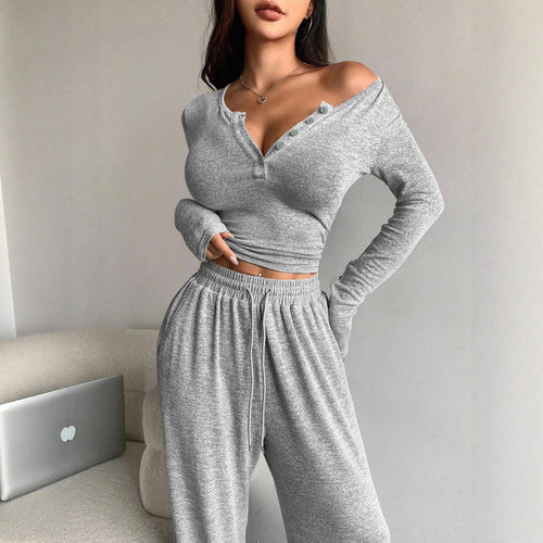 Cropped, Slim-fit, Sexy V-neck Wide-leg Pants With Pockets