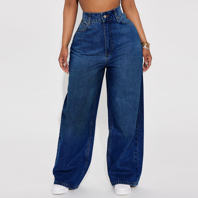 Pants High Waist Dark Blue Wide Leg Women's Korean Style Loo