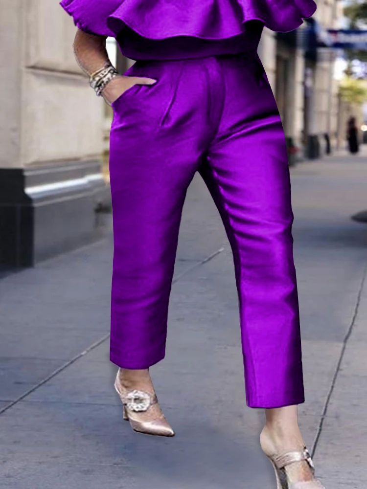 Plus Size 4XL Purple Pants High Elastic Waist Zipper Fly Wo