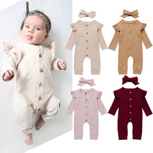 kids solid buttons up long sleeve baby girl romper with head