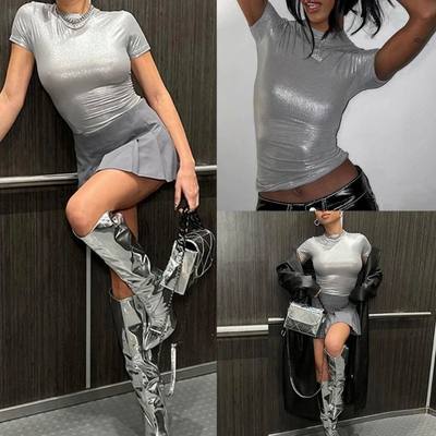 Womens Glitter Metallic Silver Short Sleeve Bodycon Crop Top