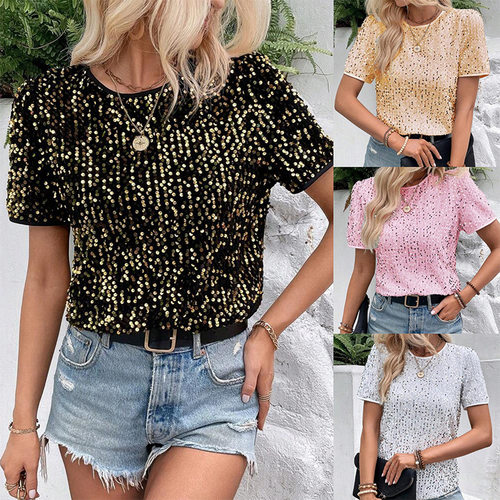 mmuting Loose Style Short-sleeved Round Neck Women's Sequine