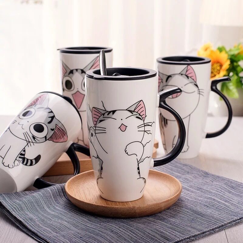 600ml cute cat ceramics coffee mug with lid large capacity a