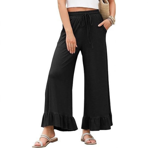 Wide Leg Pants Women's Drawstring Elastic Pleated Hem Pocket