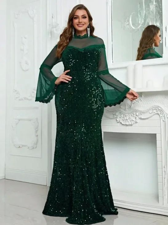 Plus Size Evening Dresses Fashion Women Sequins Mesh Patchwo