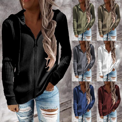 Striped Casual Loose Knitwear Women's Zipper Cardigan Hooded