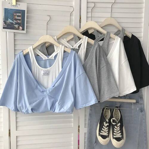 Women's Summer T-Shirt 2023 Solid Short Sleeve Crop Top Casu