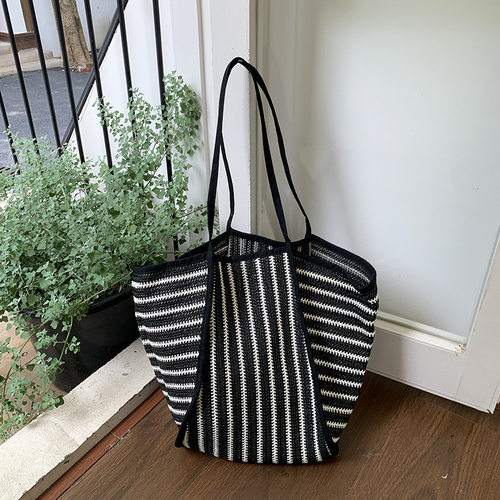 Vintage Striped Single Shoulder Hollow Woven Straw Fashionab