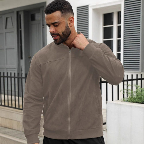 Suede Solid-color Men’s Zip-up Jacket, Casual Retro Cardiga