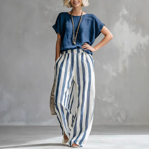 2026 Station Round Neck Straight Striped Casual Trousers Wom