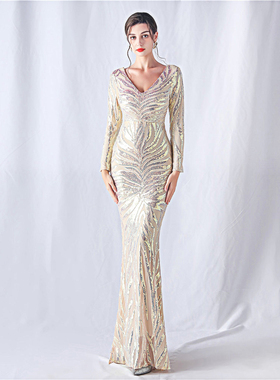 晚礼服女秋冬季气质名媛宴会长袖高级感亮片亮闪闪修身长款连衣裙