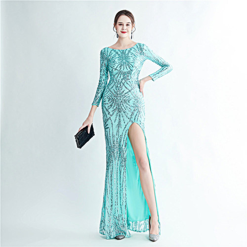 亮片长袖测开叉高端晚礼服连衣裙