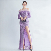 连衣裙 鱼尾晚礼服女小众轻奢宴会晚宴长款 2026新款 亮片一字肩长袖