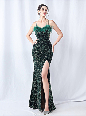 模特走秀款晚礼服女车模会展重工亮片亮闪闪高级感抹胸长款连衣裙