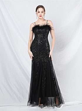 2025新款小众晚礼服女简单大方轻奢高级感亮闪闪长款吊带连衣裙子