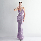 2026新款 晚礼服名媛聚会车模走秀主持演出服 紫色吊带亮片鱼尾长款