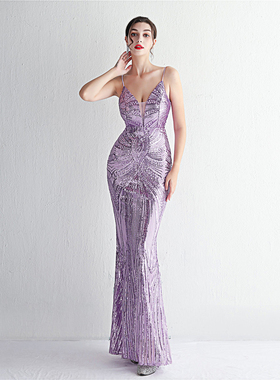2026新款紫色吊带亮片鱼尾长款晚礼服名媛聚会车模走秀主持演出服
