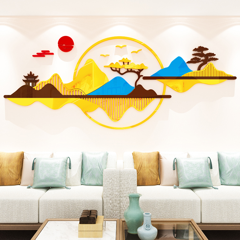 新中式客厅卧室茶餐馆包间饭店酒店铺背景墙面装饰墙贴画布置自粘图片